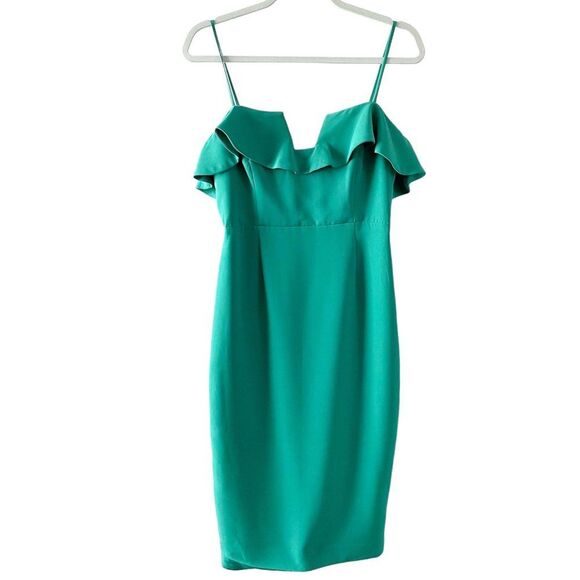 Bardot Green Square Ruffle Neckline Adjustable Strap Knee Length Dress 8 or M - Picture 1 of 12